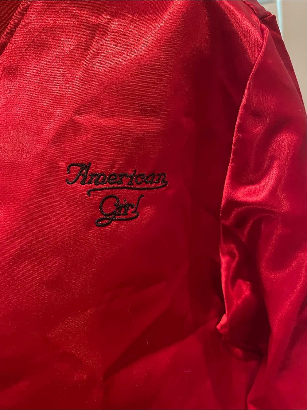 American Girl Red Satin Varsity Jacket with Black Embroidery